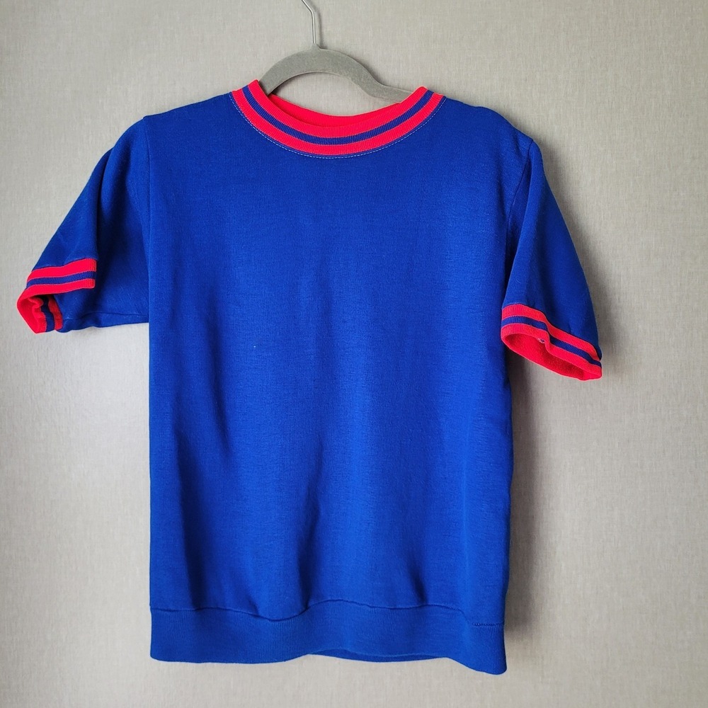 Vintage 70s Creslan Ringer Knit T-Shirt Small Blue Red Short Sleeve Sweatshirt